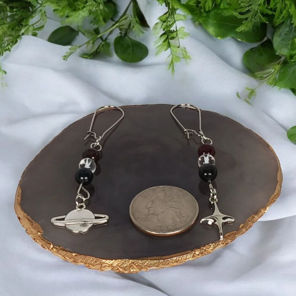 Silver Planet and Star Hypoallergenic Earrings Obsidian Agate Clear Quartz 60s